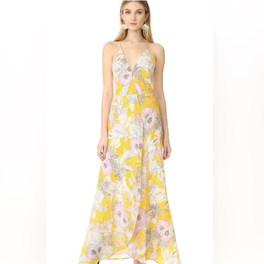 Yumi Kim Rush hour silk maxi wrap dress in Bora Bora yellow lavender floral